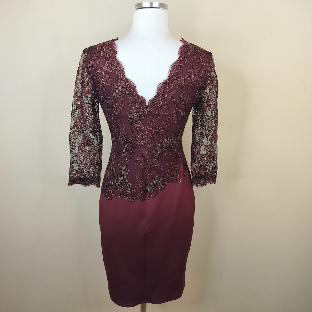 Tadashi Shoji Lace Embroidered Sheath Dress 2 Sheer Overlay Cocktail Raisin - Picture 8 of 14